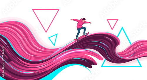 Skateboarder graphic vector illustration with vibrant waves and abstract shapes