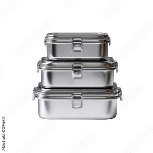 Stack of Three Stainless Steel Rectangular Food Containers with Lids