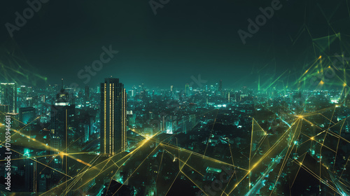 Wallpaper Mural Twilight in the Smart digital Innovation city with connection network reciprocity over the cityscape. of future smart wireless digital city and social media networking systems that connects people Torontodigital.ca