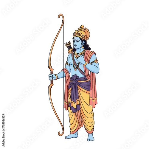 Illustration of Rama in traditional Indian attire, holding a bow and arrow, in a vintage style with a heroic mood.