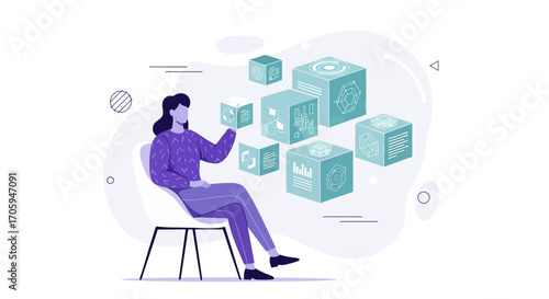 Woman interacting with digital cubes representing data and information analysis