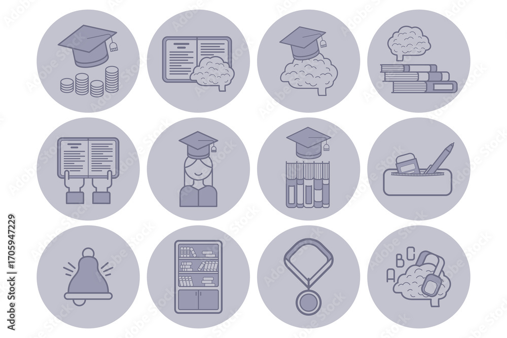 Fototapeta premium Collection of various icons related to education. Graduation caps, books, study materials, and tools highlighting student-life activities in academic setting