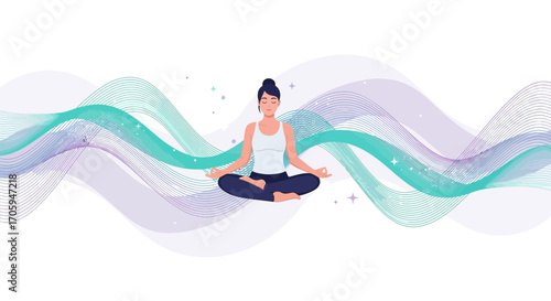 Woman practicing mindfulness meditation with abstract wave background for relaxation