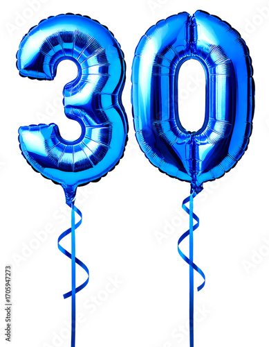数字の30の形の青色の風船とリボン（Number 30 blue foil balloon on white background）
