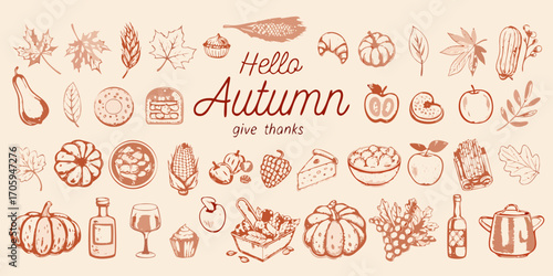 Hello autumn give thanks hand drawn illustration featuring seasonal food and fall leaves