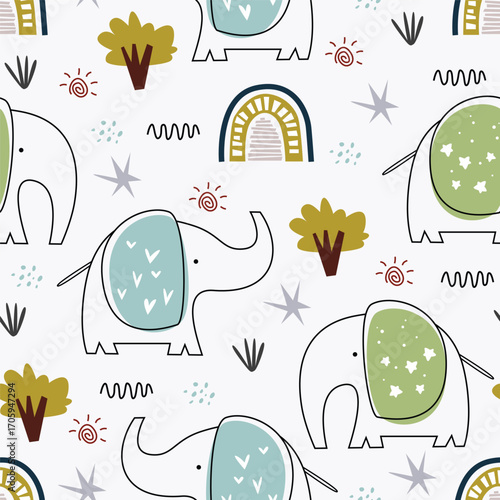 cute elephant seamless pattern, cartoon safari animal vector illustration with trees and rainbow, kids wallpaper, baby textile, playful nursery decor surface design