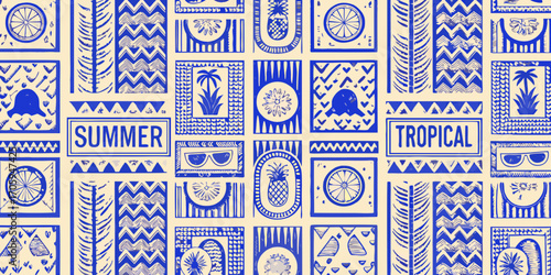 Vibrant blue and cream tropical summer pattern with fruits palm trees sunglasses and abstract shapes