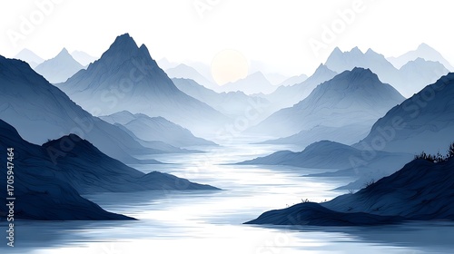 A serene misty mountain valley with a winding river reflecting the soft light of the sun