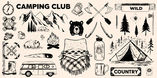 Camping club collection of hand drawn outdoor adventure and wilderness icons
