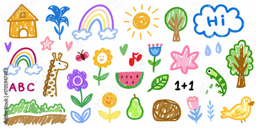 Collection of cute hand drawn elements for childrens designs including animals plants rainbows and weather