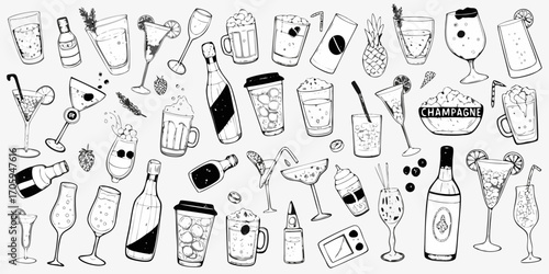 Collection of hand drawn alcoholic and non alcoholic beverages and drinks in various glasses and bottles
