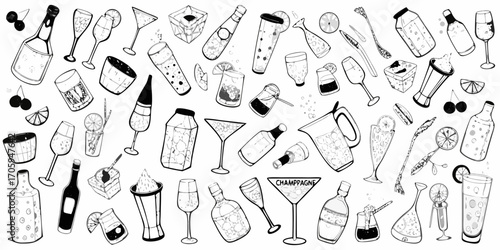 A whimsical black and white illustration of assorted cocktails and barware perfect for celebrations