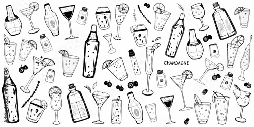 Collection of hand drawn black and white cocktails and alcoholic drinks with fruit garnishes and bottles