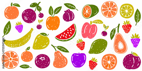 Vibrant hand drawn assortment of fresh fruits and berries scattered on white background