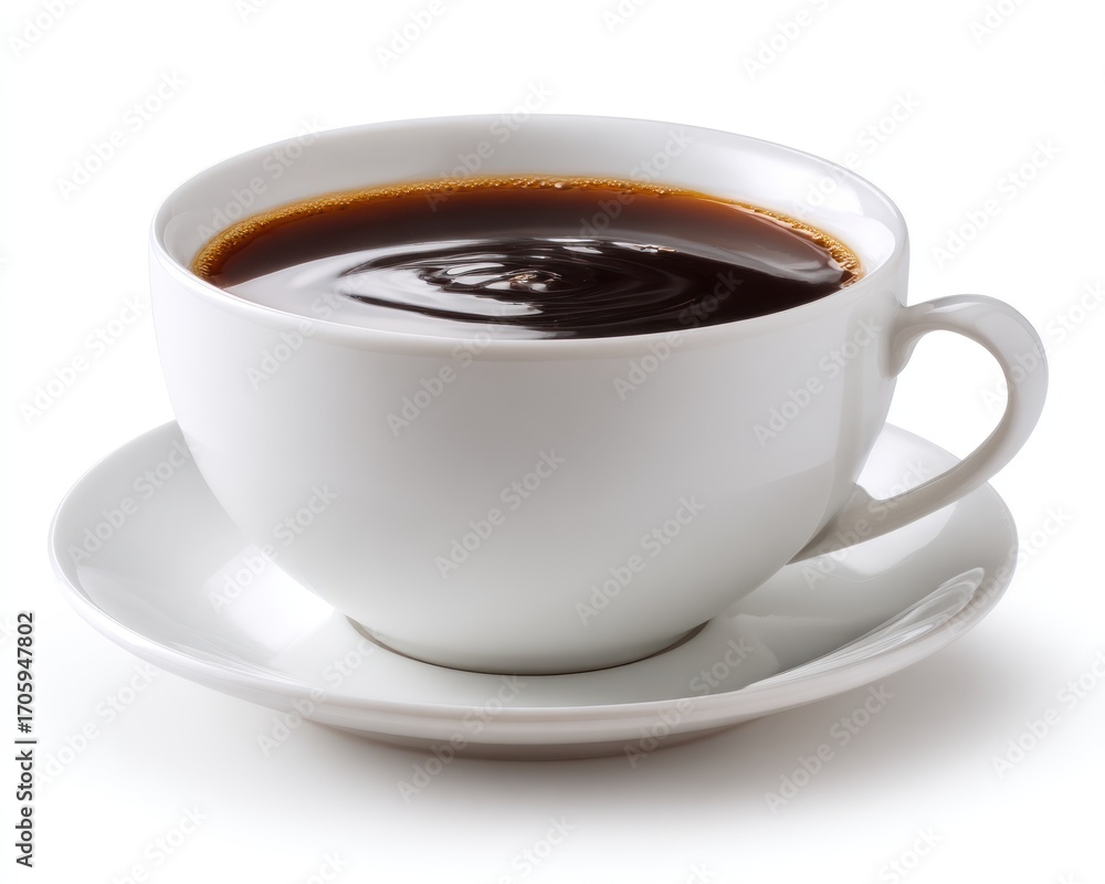 Fototapeta premium A full, white cup of dark liquid rests on a matching saucer. The dark liquid has ripples on the surface, all set against a plain white background