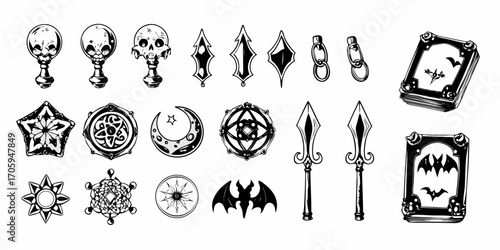 Collection of gothic and fantasy icons featuring skulls books symbols and weapons