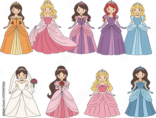 Cartoon princess characters, colorful gowns, fairy tale girls, kids vector illustration, costume design, tiaras and accessories, playful style, fantasy theme