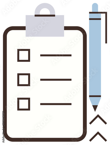 Clipboard with checklist and pen showcasing task management, planning, or prioritization. Ideal for productivity, organization, workflow, goal setting, reminders, to-do lists simple flat metaphor