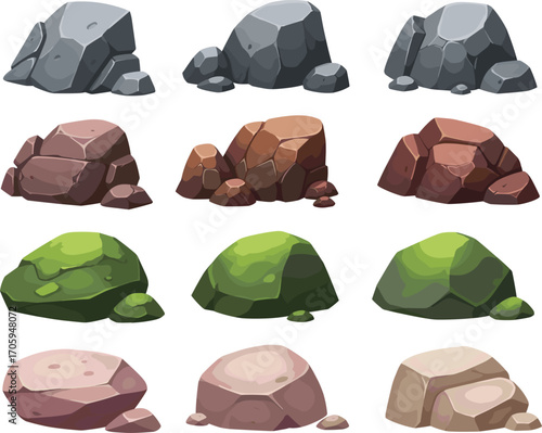 Cartoon rock formations, terrain textures, vector clipart, dark gray rocks, mossy stones, desert boulders, stylized environment, nature icons, geology set, 