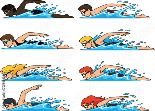Cartoon swimmers freestyle stroke, swimming technique illustration, water splash vector, kids sports design, athletic movement, colorful characters, pool training concept