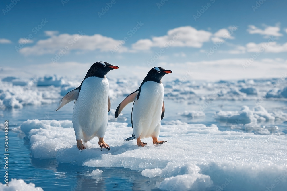 Naklejka premium Two Gentoo penguins strolling on ice floe, polar wonderland nature scene adventure