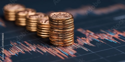 Stacked coins diminish into the background, laying atop a financial chart on a dark surface. The coins are gold and appear like money