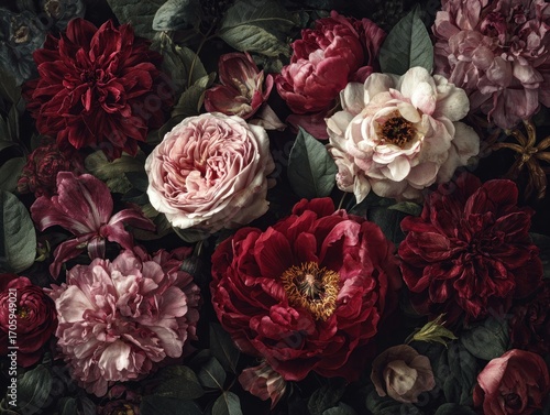 Romantic arrangement featuring peonies, dahlias, roses, & lush leaves in deep, muted pinks, reds, & greens creating a vintage, dark, floral aesthetic