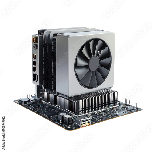 A computer motherboard with a fan and cooling fins on a transparent background