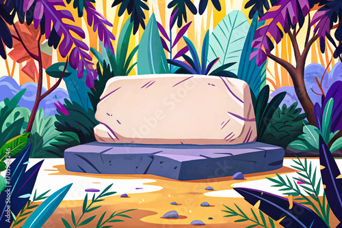 Ancient altar stone in jungle clearing, flat banner surface natural mockup, wilderness background landscape, earthy rustic placement, dramatic outdoor solitude scene, creative text design, historic ob