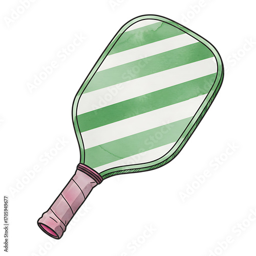 A green and white striped pickleball paddle isolated on transparent background