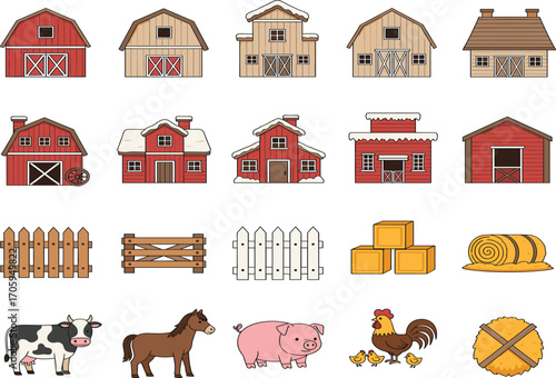 Farm illustration, cartoon barns, farmhouse designs, fencing styles, hay bales, farm animals, vector clipart, rural scene, agriculture icons, cow, horse, pig, hen with chicks, cartoon hay,