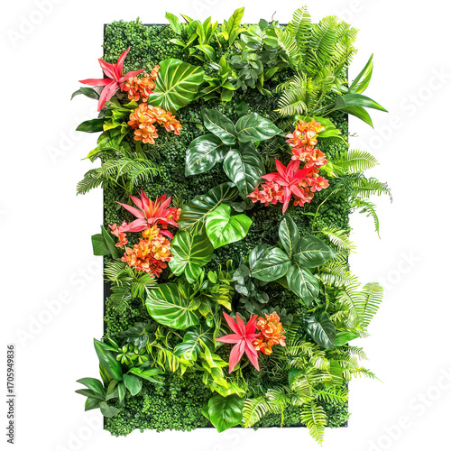 A vibrant green and orange living wall with various tropical plants and flowers.
