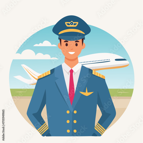 Pilot in uniform standing in front of an airplane, professional aviation career
