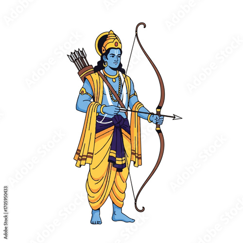 Illustration of Rama, the Hindu deity, holding a bow and arrow in a traditional yellow and blue outfit, depicted in a vintage style with a plain white background.
