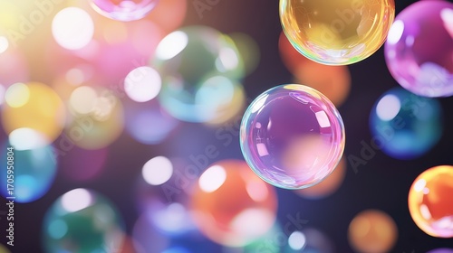 Colorful bubbles floating against a dark background, showcasing a dreamy and whimsical atmosphere.