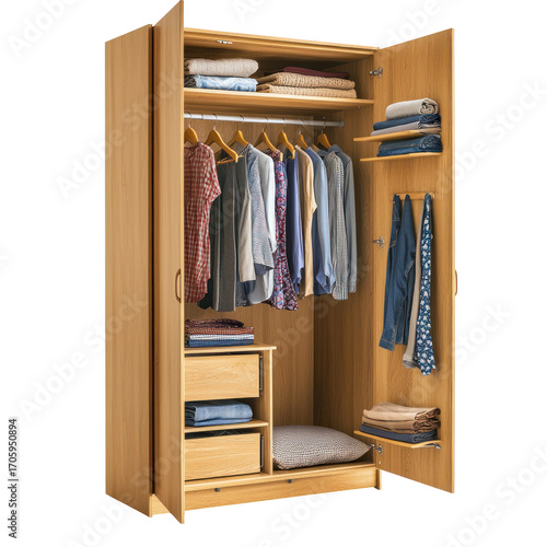 A neatly organized wooden wardrobe with clothes hanging and folded on shelves.