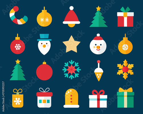 Collection of festive christmas icons on a dark blue background