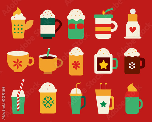 Collection of festive holiday drinks and coffee cups