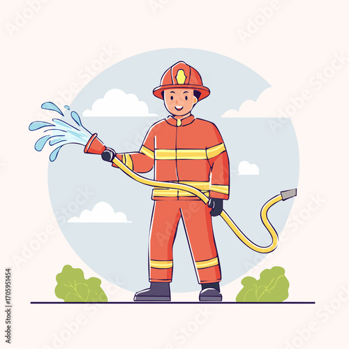Colorful flat vector illustration of a professional firefighter in a red uniform and helmet, holding a fire hose and spraying water