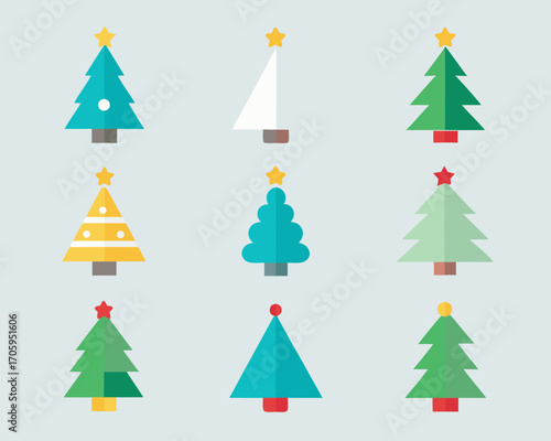 Collection of nine colorful flat design christmas trees with stars