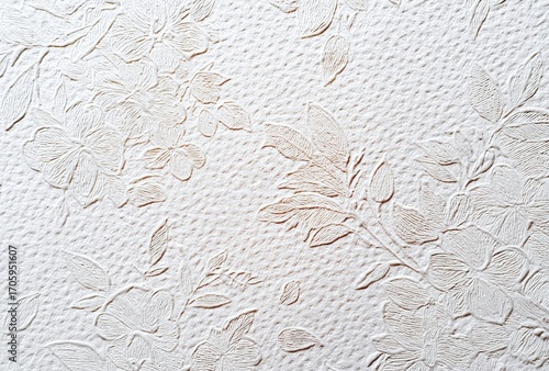 Close-up of embossed white wallpaper featuring stylized floral motifs with leaves, creating a textured, elegant, and subtle surface design