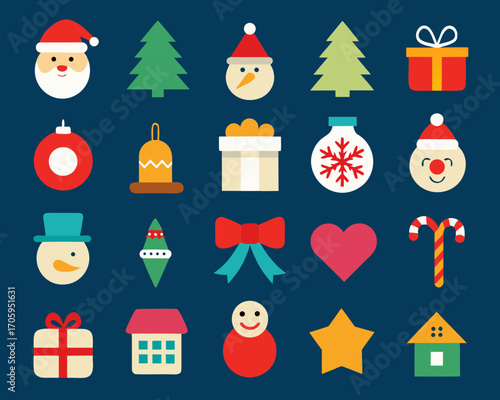 Collection of flat christmas icons on a dark blue background