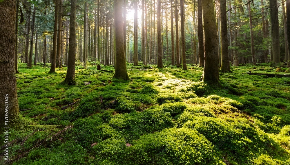 Obraz premium A Vibrant Forest Floor Covered In Lush Green Moss Illuminated By Soft Sunlight Filtering Through The Tall Trees Overhead