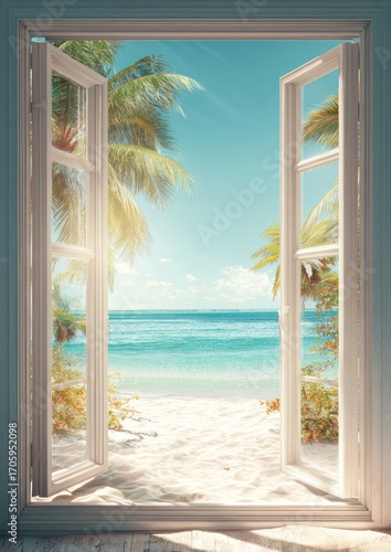 Open window reveals a tranquil beach scene with turquoise water, white sand, and palm trees, under a clear blue sky on a bright, sunny day