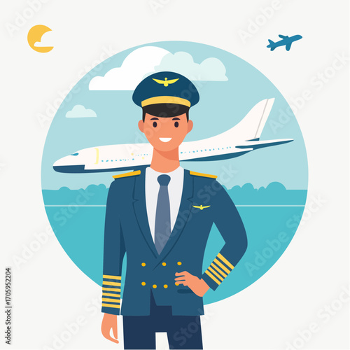 A friendly pilot in uniform stands confidently in front of a commercial airplane, ready for flight
