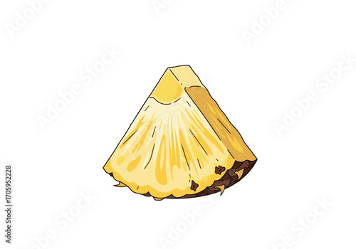 A close up of a juicy pineapple slice on a white background.