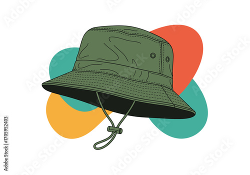 A stylish green bucket hat with a string is showcased against colorful abstract shapes.