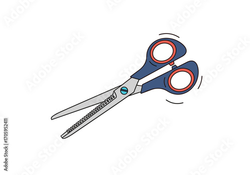 A pair of blue handled scissors are open and ready for cutting.
