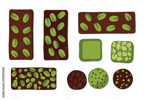 Variety of chocolate bars and sweets with pistachios.