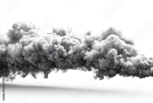 Dense, voluminous gray smoke billows, spreading horizontally across a white background, casting a soft shadow beneath its swirling form